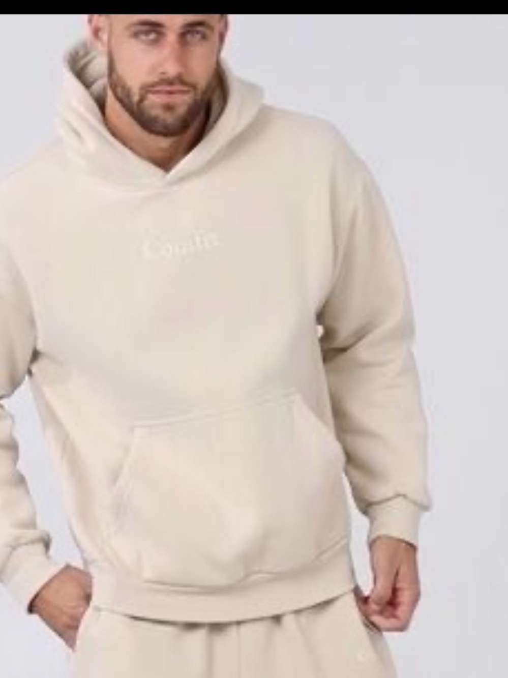 Comfrt Beige Embroidered Pullover Hoodie Fleece Unisex L Long Sleeve